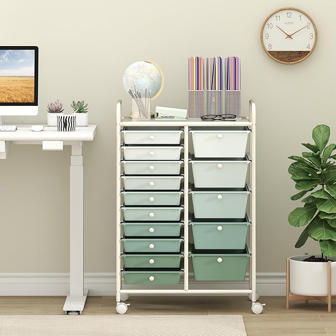 COSTWAY 15-Drawer Rolling Storage Cart, Mobile Utility Cart with Heavy-duty Frame & Lockable Wheels, Multipurpose Storage Organizer for Paper, Office, School, Green Gradient