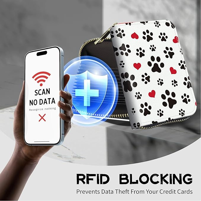 BWEGRHE Cute Credit Card Holder with Zipper, Cute Dog Paw Prints RFID-Blocking Card Case Small Wallet for Women Men, Multi-slot Card Organizer Case Travel Accordion Wallet