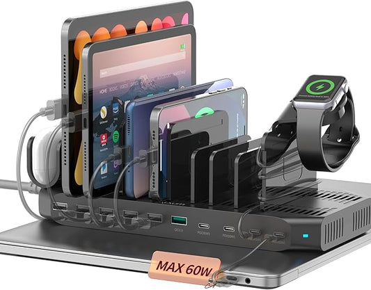 Alxum 140W USB C Charging Station -10 Port Fast Charging Station with QC 3.0 & 4 * USB C PD 60W+45W+30W, Multi Device Charger Organizer Compatible with Laptop, iPad, Tablet, Cell Phone and More