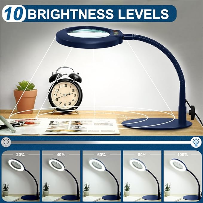 IVMAIE 10X Magnifying Glass with Light, Real Glass Lens, 5 Color Modes Dimmable, Flexible Gooseneck Lighted Magnifier with Stand, LED Desk Lamp Hands Free for Crafts Painting Reading Close Work, Blue