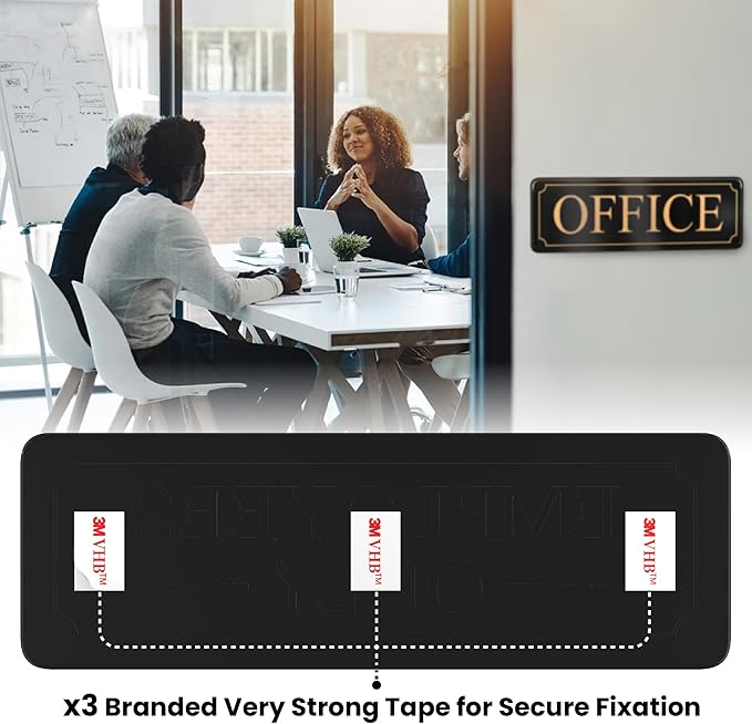 MolnijaPro - The Office Door Sign for Your Home and Business with Bigger Gold Letters - Bright Acrylic Self-Adhesive Sign 9×3 in with Double Sided 3M Tape - Quick and Easy Installation Without Any Tools