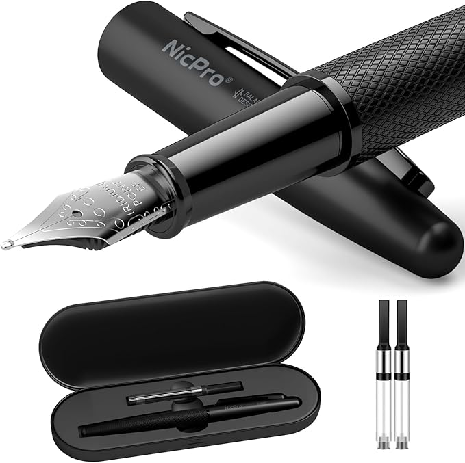 Nicpro Fountain Pen Set with Box, Classic Black Fancy Pen with Converter, 0.38mm Extra Fine Nib Smooth Writing Calligraphy, Office, Business, Luxury Pen