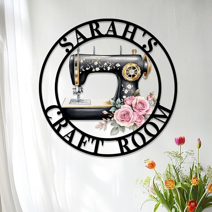 Custom Sewing Machine Metal Sign, Personalized Name Flowers Sewing Sign for Sewing Room Craft Room Decor Sign Sewing Metal Wall Art, Customized Sewing Family Name Sign for Mom Grandma