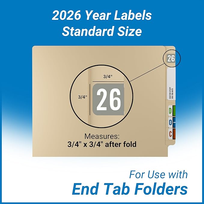 2026 Year Labels, Doctor Stuff 2026 Chart Stickers, Gray Color Coded, S & W/Acme Style, USA Made Year Stickers for End Tab File Folders, 500/Roll, 1 Roll, 3/4" x 1-1/2"