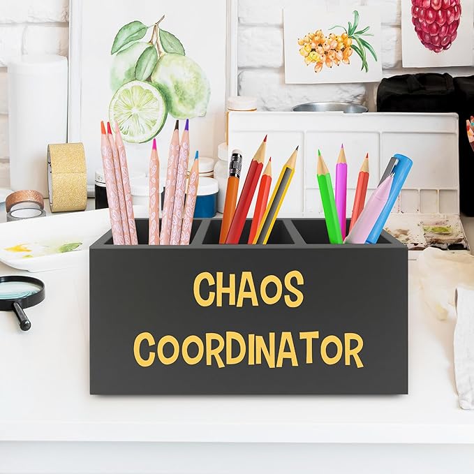 XPH Chaos Coordinator Black Yellow Pen Pencil Holder Organizer for Desk, Thank You Gifts for Women Men Coworkers Boss Leader Manager, Appreciation Gifts Wooden Box Sign for Desk Tabletop Decorations