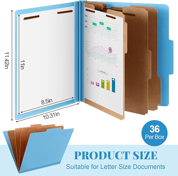 Skyygemm 36 Pcs Classification Folders Letter Size, 3 Divider Pressboard File Folder with Fasteners, Expanding File Organizer Bulk for School Teachers, Office Employee, Coworker, Staff (Blue)