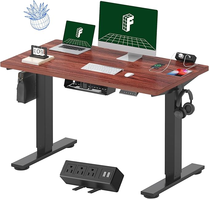 FLEXISPOT EN2 Whole-Piece Standing Desk with Clamp Power Strip, 48 x 24'' Electric Stand Up Height Adjustable Desk with Cable Management (Black + 48" Mohagany Top, 2 Packages)