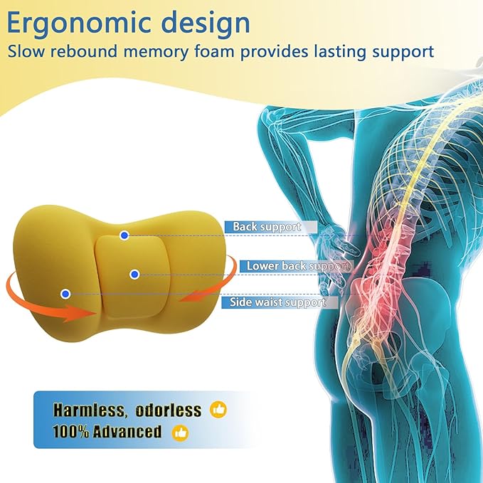 RaoRanDang Lumbar Support Pillow, Back Support for Office Chair Car Ergonomic Memory Foam Lumbar Support Pillow Fatigue Relief, Comfort and Support Your Back
