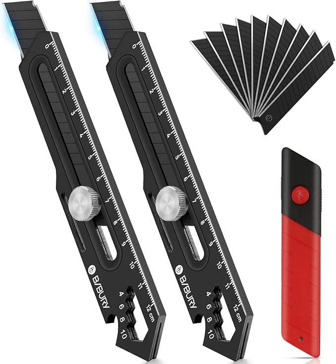 BIBURY 2 Pack Utility Knife, Heave Duty Full Stainless Steel Retractable Box Cutter with 10PCS replaceable Blades (18mm Wide), Multi-functional Extended Razor Knife for Office, Home, School Black