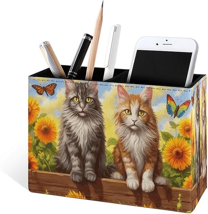Famame Cute Vintage Cats Sunflower Fence Pencil Holder for Desk, Leather Desktop Container Pen Cup Storage Study Table Pen Organizer Makeup Brush Holder for Classroom Office Home
