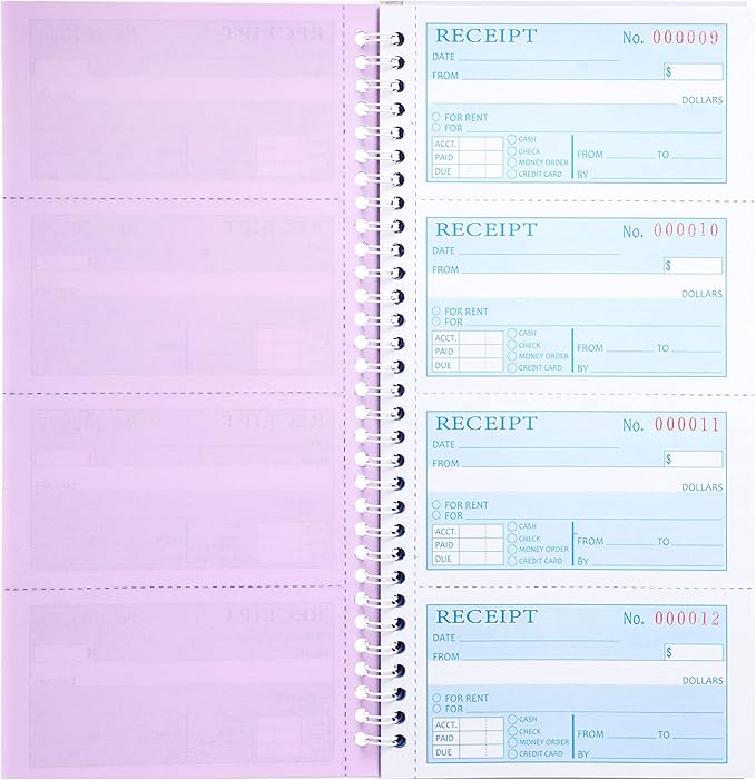 Receipt Books with Carbon Copies,Money and Rent Receipt Book,3-Part Carbonless,5.31" x 11.22",Receipt Book for Small Business,Blue,Yellow and Pink Copy,100 Sets Per Book