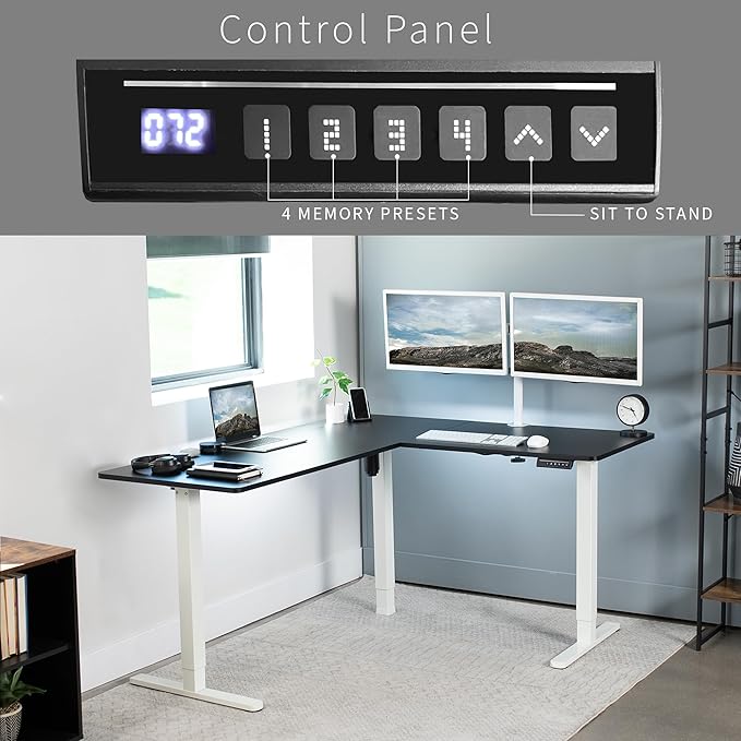 VIVO Electric Corner 63 x 55 inch L-Shaped Standing Desk, Memory Height Adjustment, Black Top White Frame, DESK-E3CTWB