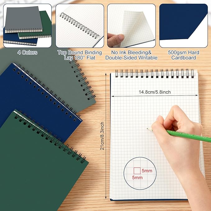 Engrowtic 6 Pack Graph Paper Spiral Notepad A5 Top Wirebound Notepad Grid Notebook Steno Pads Memo Notebook Grid Paper 140 Pages for Writing Sketching Drawing Office Supplies (Dark Color)