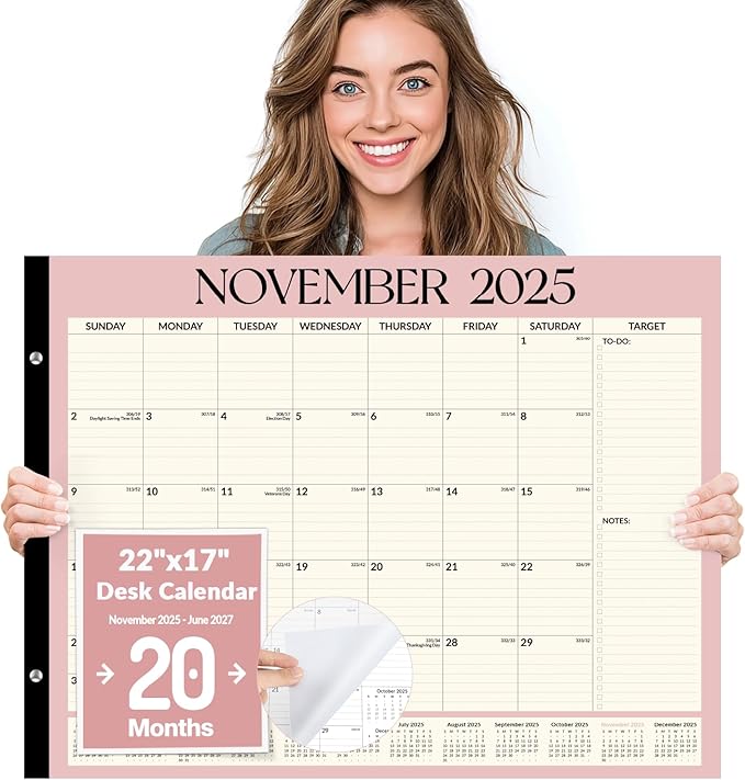 Forvencer 22" x 17" Large Desk Calendar 2026, 20 Months Calendar Runs from November 2025 to June 2027, 2026 Desk Calendar Monthly Planner with Plastic Cover for Home School Office, Pink