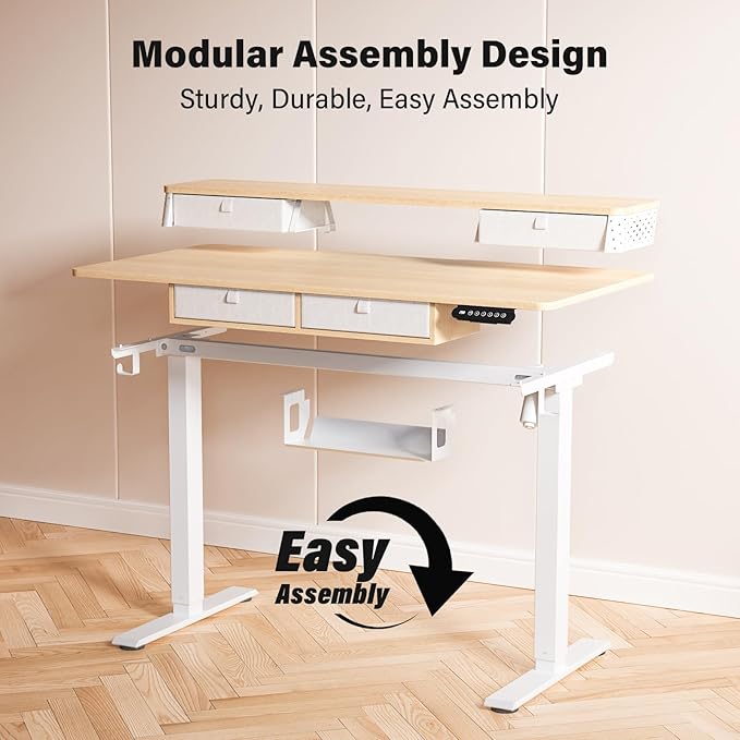 Kingant 40 x 24 Inch Electric Standing Desk with 4 Drawers, Height Adjustable Sit to Stand Computer Desk with Storage Shelf and C-Clamp Mount Compatibility for Home Office, Nature