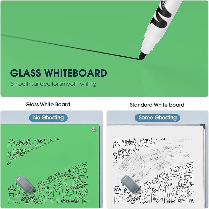MaxGear Glass Whiteboard, Tempered Magnetic Dry Erase Board Green, Frameless Wall Mounted, Office Classroom Conference Room Home Use, Includes Markers, Eraser, Magnets & Mounting Kit