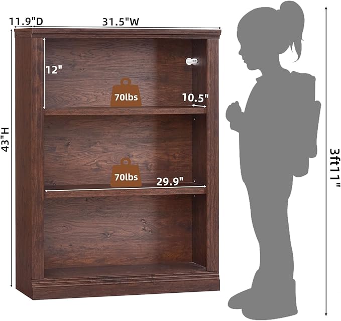 RWYHG 43" Walnut Tall Bookshelf Set of 2,3-Tier Thick Wooden Book Shelf with Adjustable Shelves,Free Standing Farmhouse Bookcase with Open Display Storage,Floor Vintage Bookshelves for Living Room