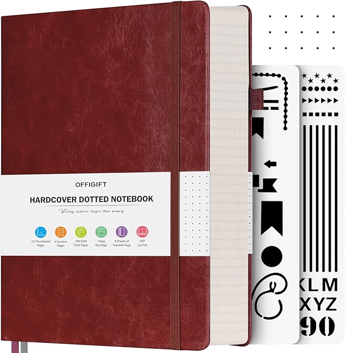 OFFIGIFT Bullet Dotted Journal Notebook, 312 Numbered Pages A5 Hardcover Leather Journal, 100gsm No Bleed Paper Dot Grid Notebook with Index Pages, Dot Journal for Women Men, 5.75" x 8.38", Burgundy