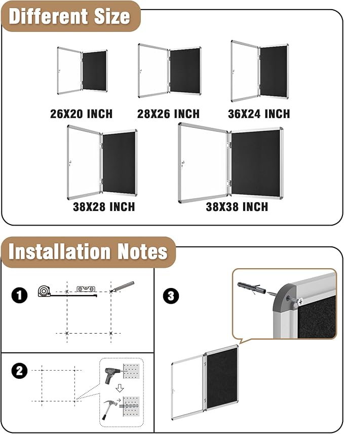 Mifuro 28"x26" Enclosed Bulletin Board, Lockable Weather-Resistant Aluminum Cork Noticeboard for School & Office, Silver Frame w/Black Flet