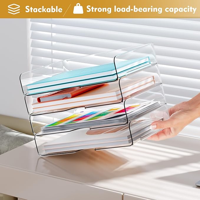 YKLSLH 4 Trays Paper Organizer Letter Tray - Acrylic Desk File Organizer, Stackable Clear Paper Holder Sorter Office Organizer for Letter/A4, Office File Ipad Books Notes Etc