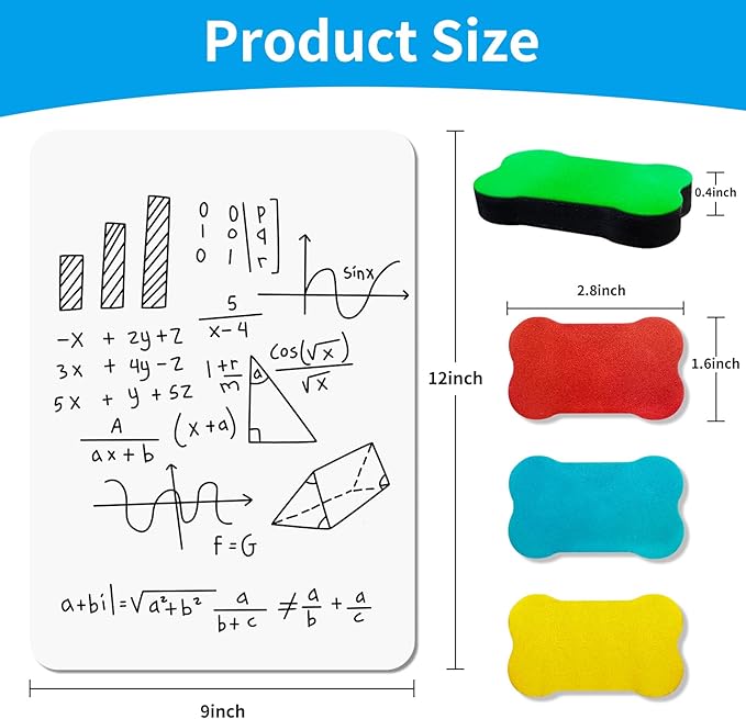 OSIMIG 12 Pack Small White Board Dry Erase, Mini Dry Erase Board 9" x12”, Double Sided Personal Whiteboards with 12 Erasers, White Boards for Students Teachers School Supplies
