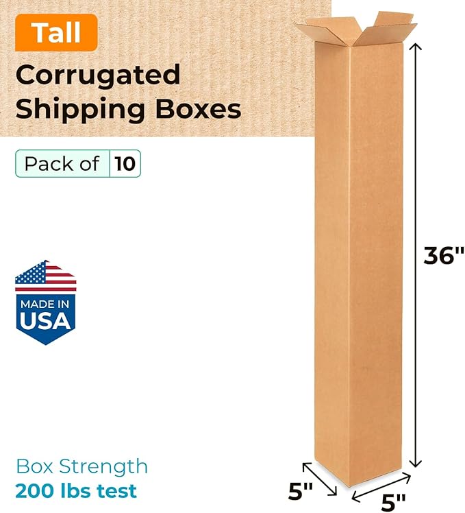 Tall Moving & Shipping Boxes 5x5x36 inches (10-Pack) - Extra Strength 200 lb vs Regular - Corrugated Cardboard Boxes for USPS/UPS/FEDEX - Strong Packaging Box - Moving Box by IDL Packaging