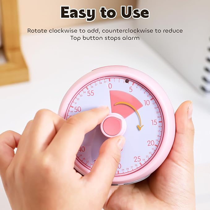 Visual Timer for Kids 60-Minute - Countdown Timer with Optional Alarm, Focus Tool for ADHD & Autism, Time Management for Homework, Chores, Office, Kitchen, Teaching & Study Routines (Pink)