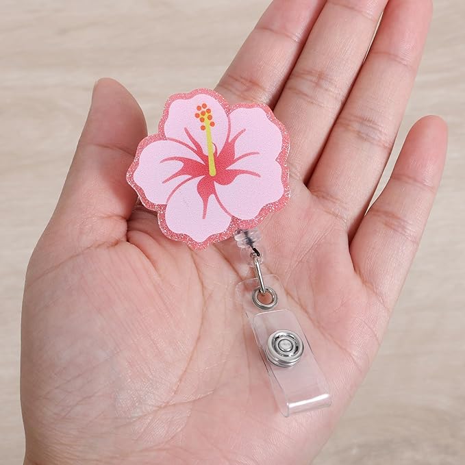 Cute Hibiscus Flower Badge Reel, Retractable ID Card Pink Badge Holders, Work Badge Clip for Pediatric ED ER RN CNA LPN MA PT OT Therapists HR Social Workers Nurses Doctor Teachers Nursing Student