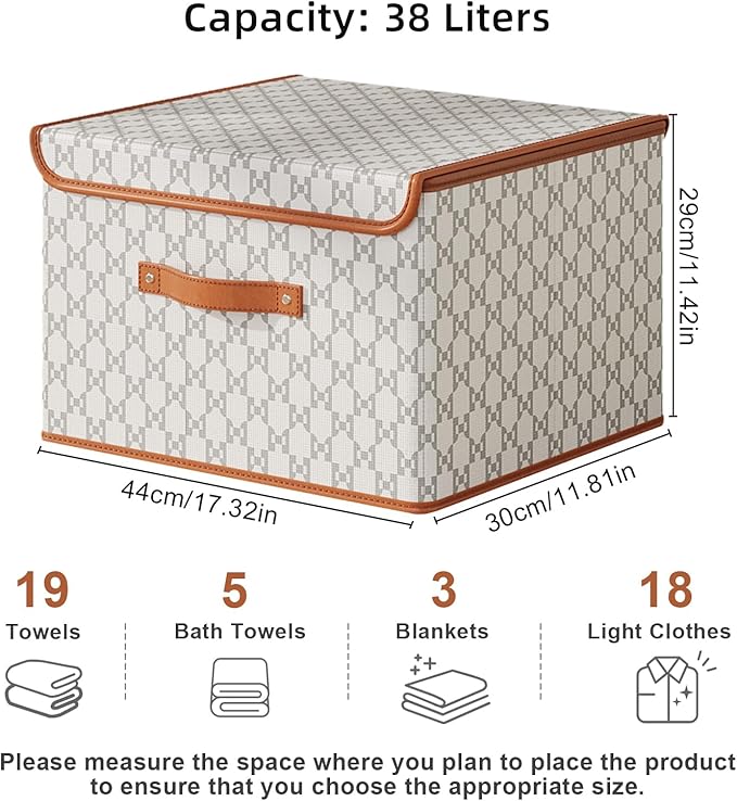 Tuza 4 Pack Fabric Storage Bins with Lids, Collapsible Closet Organizer Container, Decorative Storage Boxes with Lids for Organizing Clothes, Blanket, Grey & White, Large