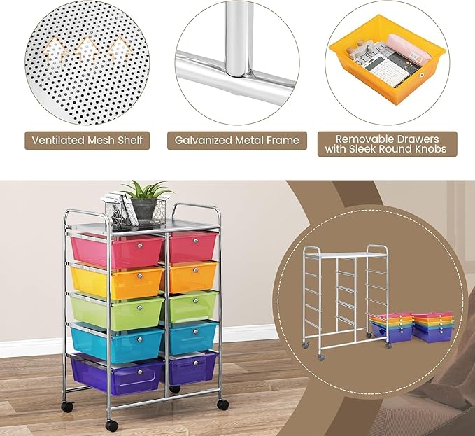 LDAILY 10 Drawer Rolling Cart, Storage Cart Organizer on Wheels, Drawer Cart with Metal Frame & Large Storage Capacity, Rolling Cart with Drawers for Living Room Classroom, Office
