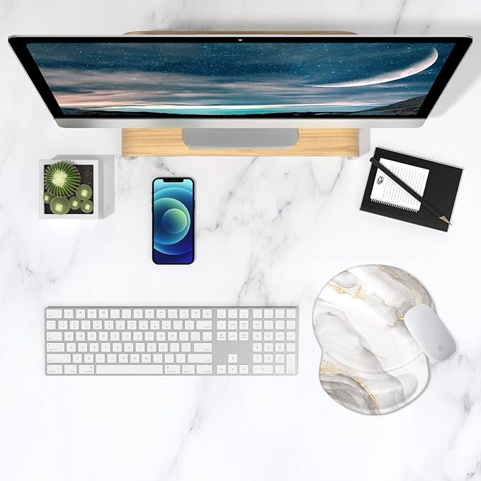 ITNRSIIET Ergonomic Mouse Pad with Gel Wrist Support Small Wrist Rest Smooth Surface Non-Slip PU Base Comfortable Office Supplies Pain Relief, 8.7 x 7.2 inches, White marbling