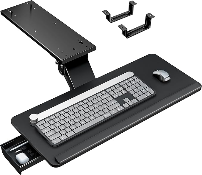 PEGZONE Keyboard Tray Under Desk with Storage Drawer, Height Adjustable Keyboard Tray Slide Out Swivel Tilt, Ergonomic Under Desk Mount Keyboard & Mouse Holder for Gaming Home Office, 25x11'', Black