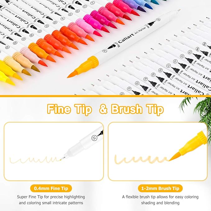 Caliart 72 Colors Double Tip Brush Pens Art Markers, Artist Fine & Brush Pen Coloring Markers for Adult Book Cards Drawing Craft Kit Teacher Office Supplies