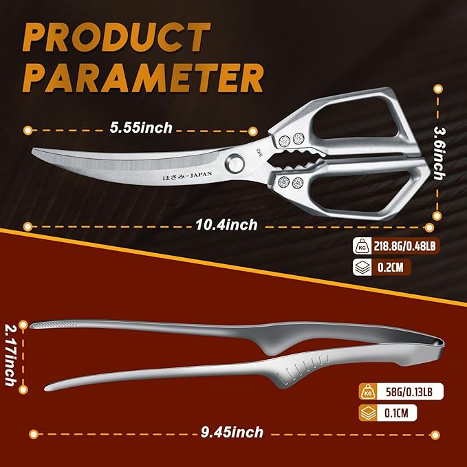 HUUSK Kitchen Scissors and Cooking Tong Set - Silver Kitchen Shears for Food with Stainless Steel BBQ Tongs, Japanese Style Dishwasher Safe Meat Scissors for All Purpose, Gifts for Men Women