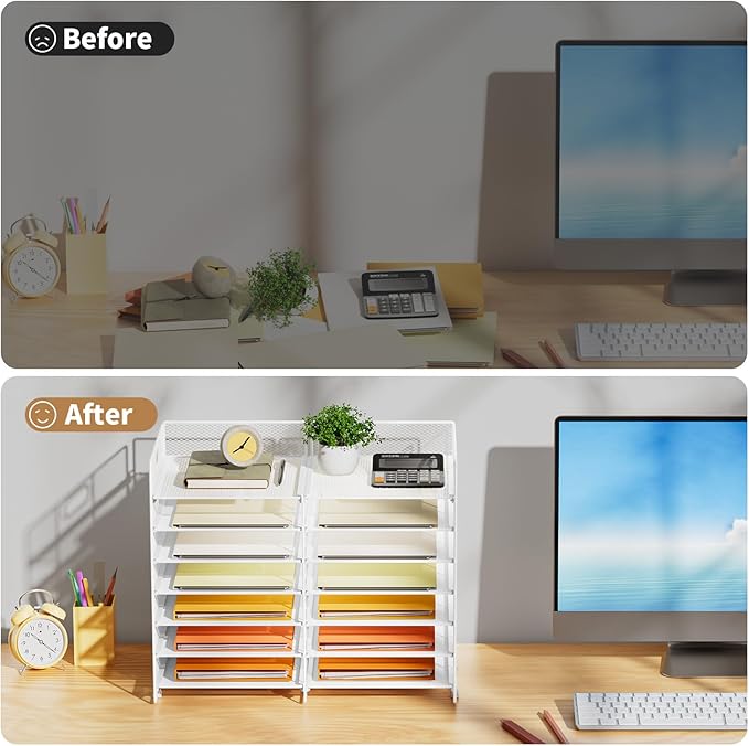 Marbrasse Desktop Literature Organizer, 12 Compartments Mesh Paper Organizer Desk Organizers, Adjustable File Sorter Mail Center Paper Storage Cabinet Classroom Mailbox for Office Home School, White