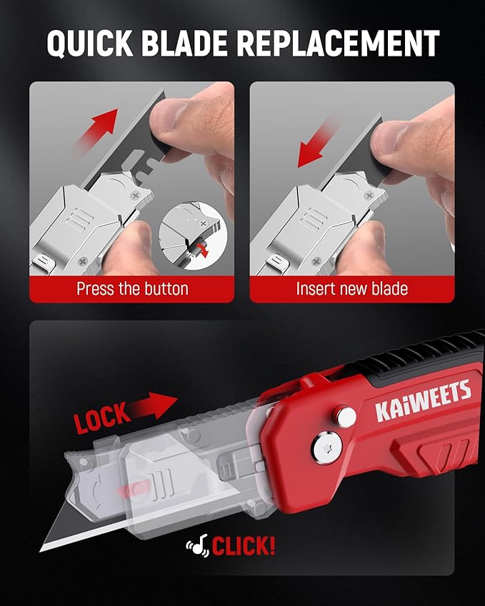 KAIWEETS Utility Knife Scraper, 2-in-1 Folding Box Cutter with Blade Storage, Heavy Duty Zinc Alloy Body, Retractable Design, 12pcs SK2 Black Blades replacement, EDC Tool for Home, Office, DIY– Red
