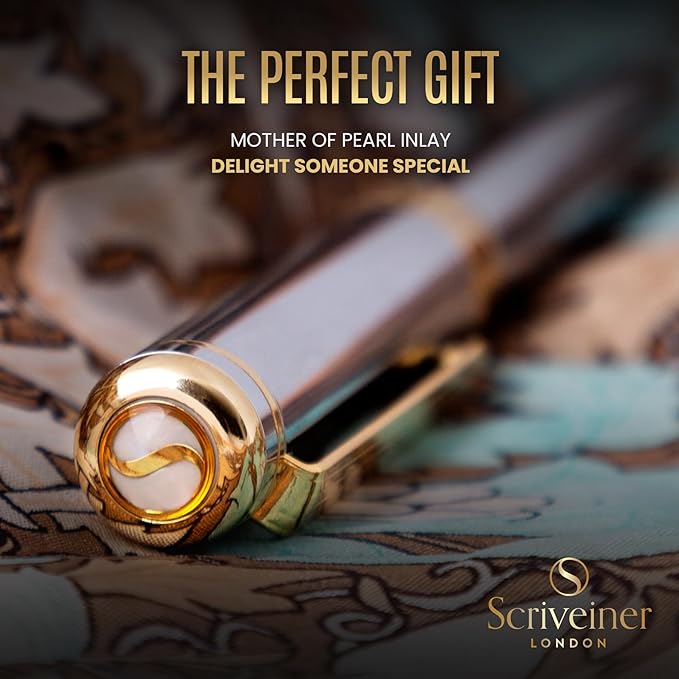 Scriveiner Silver Chrome Fountain Pen - Stunning Luxury Pen, Real Gold Finish Schmidt Gilded Nib (Medium), Best Pen Gift Set for Men & Women, Professional, Executive Office, Nice Pens