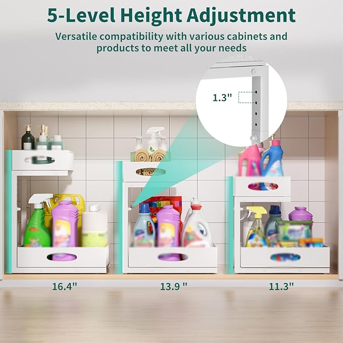 Beleeb Under Sink Organizer, Extra-Wide Upgrade, 2 Pack 2 Tier Metal Slide Out Cabinet Organizer, Height Adjustable Organization and Storage Series, Bathroom/Cabinet/Kitchen organization, White