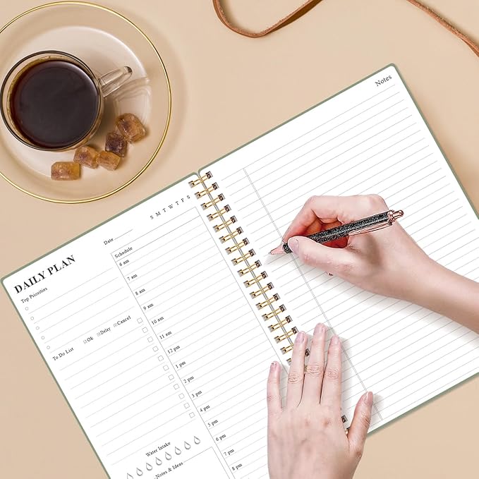 Daily Planner Undated - B5 To Do List Notebook Hourly Schedules, Spiral Appointment Planner for Women and Men, PVC Hardcover, Inner Pocket, Elastic Closure, 7" x 10", Grey