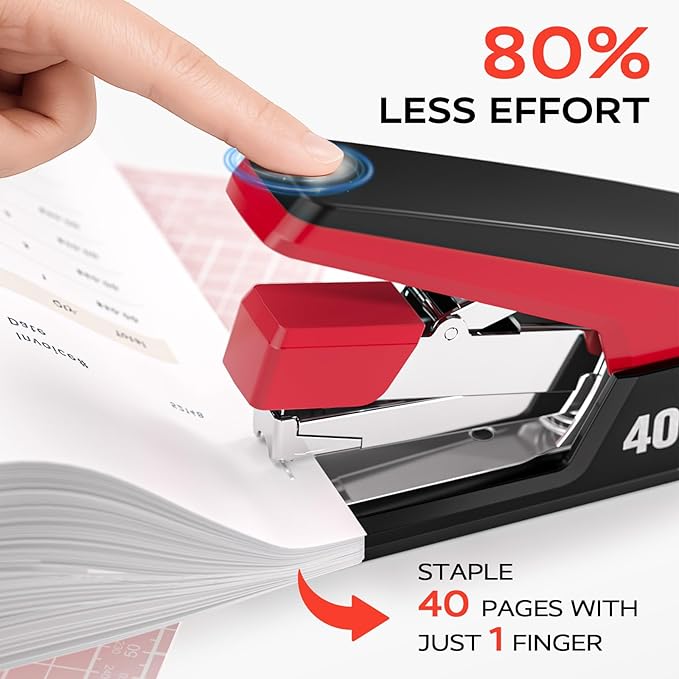 MARSROCK Effortless Stapler for Desk with 40-50 Sheet Capacity, 2000 Staples, 1-Touch Stapling, Ergonomic & Easy to Load Desktop Staplers, Heavy Duty Stapler, and Magnetic Staple Remover, Red