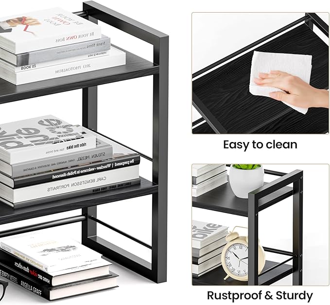 ART-GIFTREE Office Desk Shelf Organizer, Wood Desktop Bookshelf Supplies Storage Rack, Shelf for Top of Desk and Dresser (Pure Black-2 Tier)