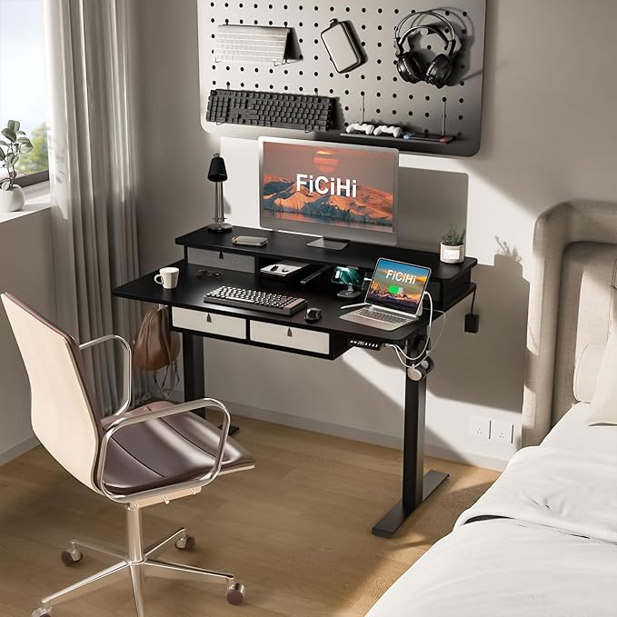 FiCiHi Adjustable Height Standing Desk with 4 Drawers,48 x 30 inches Electric Sit Stand Home Office Desk with Two Tiers, 3 Memory Presets, Monitor Stand Riser, USB A/C Charging Port
