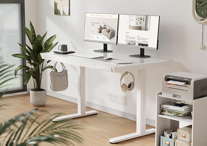 Claiks Glass Standing Desk with Drawers, 48×24 Inch Adjustable Stand Up Desk, Quick Install Home Office Computer Desk with USB Ports, White