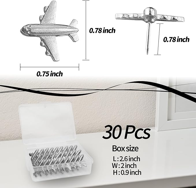Silver-Tone Airplane Push Pins 30 Pack - Metal Thumb Tacks for Cork Bulletin Board,Photos Wall,Maps,Office and Home Decoration