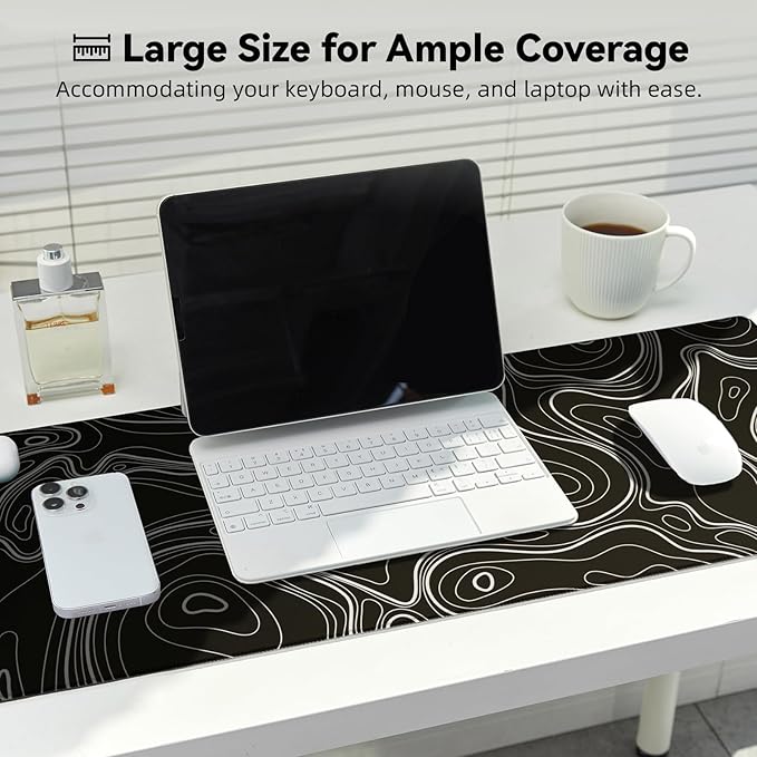 Reniteco Waterproof Large Gaming Mouse Pad with Durable Stitched Edges, Non-Slip Rubber Base, Grainy Jacquard Mouse Mat Desk Pad for Home Office Gaming, 31.5''x11.8''x0.12'', Topographic Map White