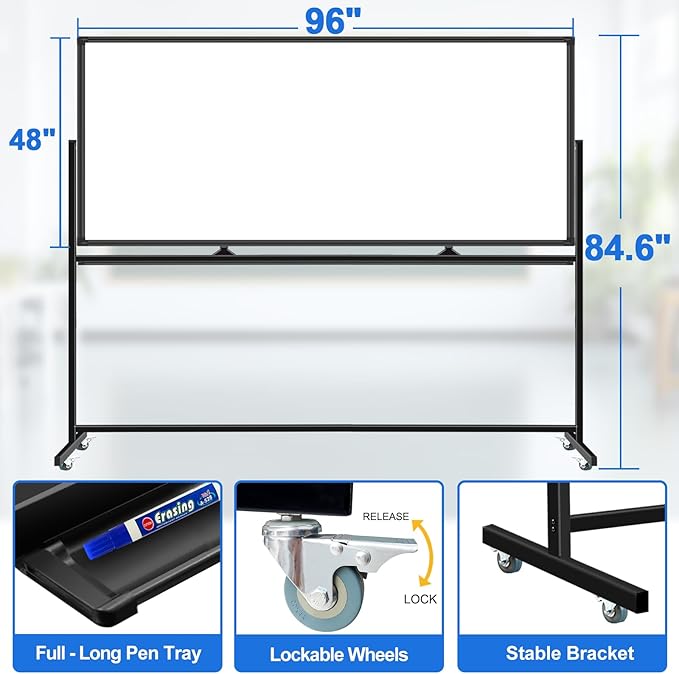 Max-officoo 4'x8' Large Dry Erase White Board with Rolling Stand 96"x48" Double-Sided Mobile Magnetic Whiteboard on Wheels, Including 3 Magnetic Erasers, 7 Markers, 30 Magnets
