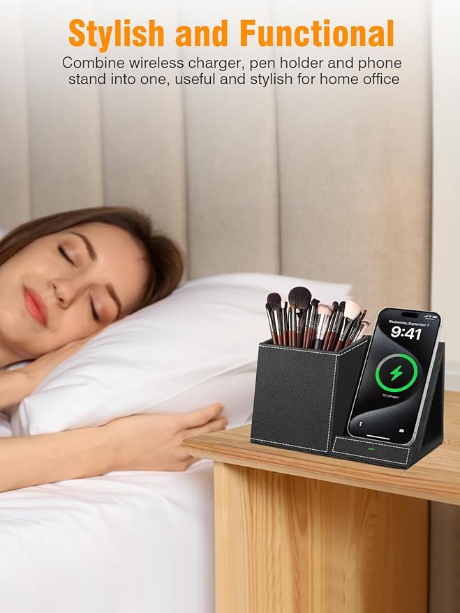 TopMade Wireless Charger with Pen Pencil Holder, Leather Mltifunctional Desk Nightstand Organizer, Fast Charging Station Remote Control Holder, Office Supplies Desk Accessories, Gifts for Men(Black)