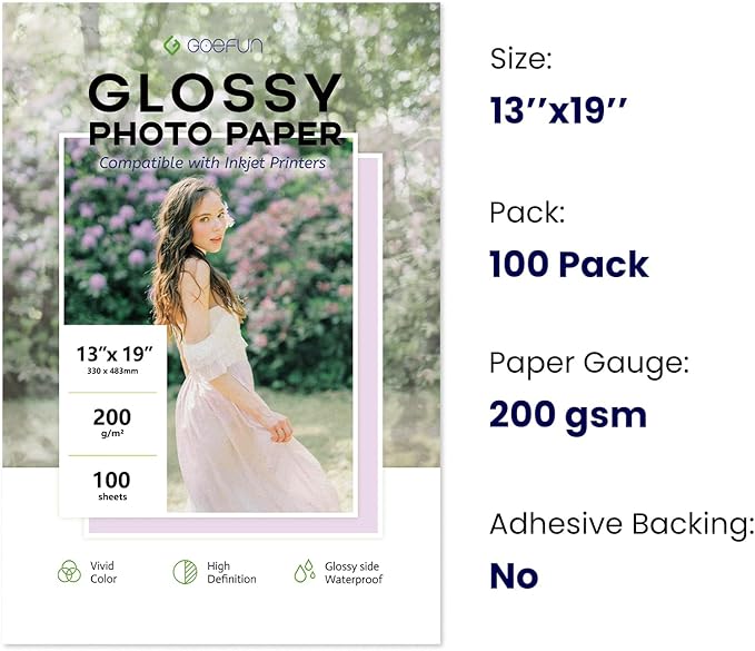 13x19 Photo Paper Glossy, Goefun 200 GSM/54 LB Printer Photo Paper for Inkjet Printer and Dye Ink, 100 Sheets