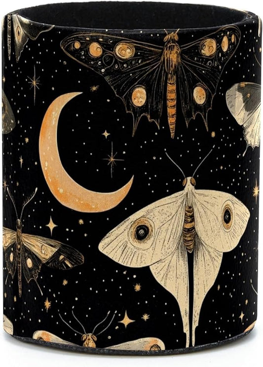 Leather Pen Holder for Desk, Butterflies Moth Moon Pencil Cup Desktop Organizer Makeup Brush Holders Office Supplies for Home, Kids & School