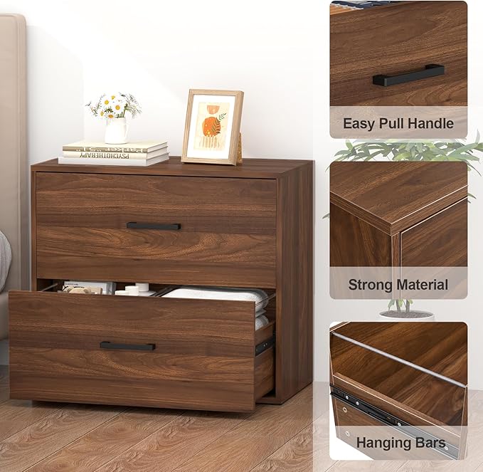 FATIGOS 2 Drawer File Cabinet, Wood Lateral Filing Cabinets, Wide Office File Cabinet with Drawer for Hanging Files/Letter Size Printer Stand for Home Office School, Assembly Required, Walnut